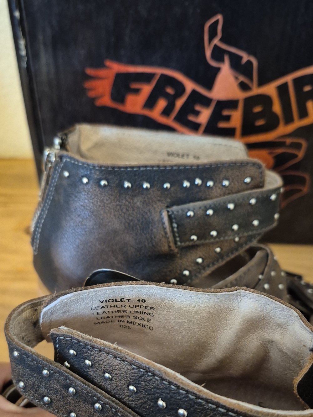 Freebird Distressed Brown Studded Cutout Buckle Heels - Picture 6 of 7